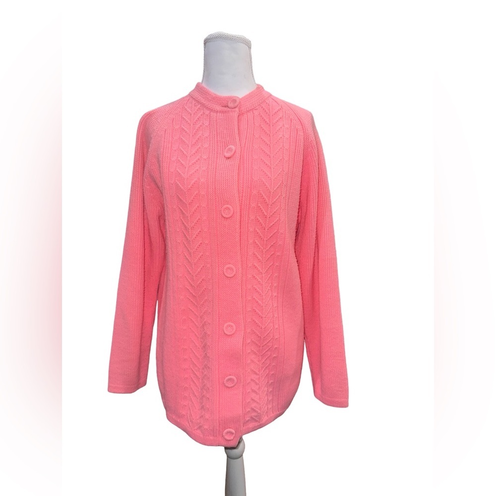 Vintage 50s 60s Cascade of California Pink Cable Knit Button Cardigan Sweater L